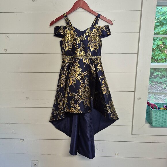 Navy & Gold Floral High-Low Dress With Beaded Waist & Cold Shoulder Straps - Picture 1 of 8